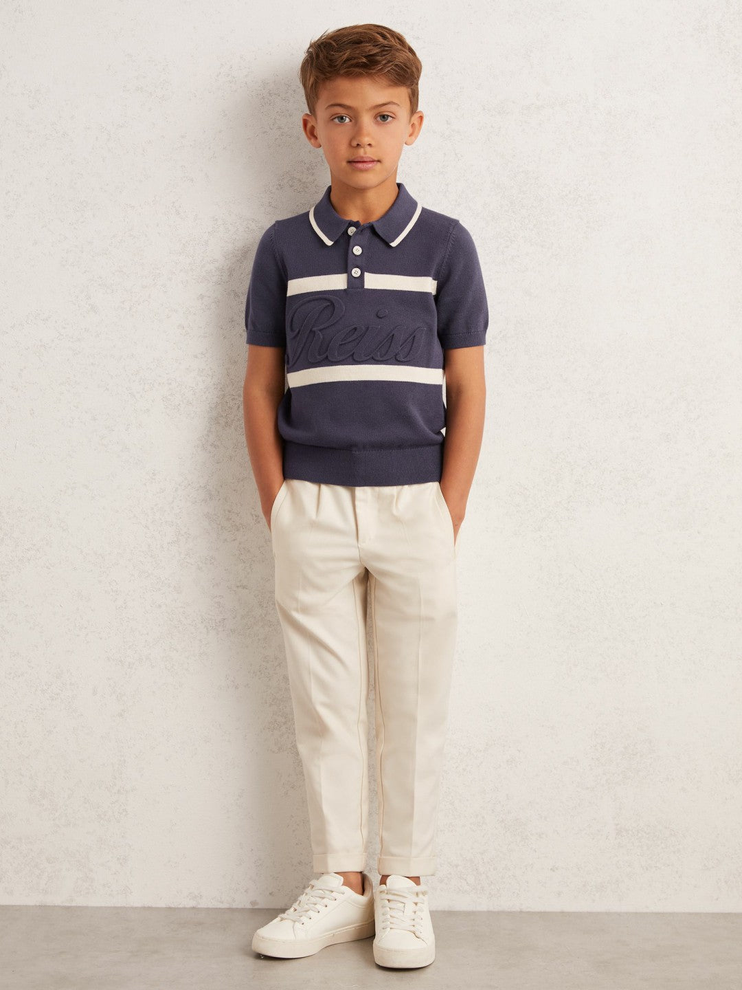 13-14 yrs Cotton Logo-Embossed Knit Polo Shirt in Indigo Blue/White