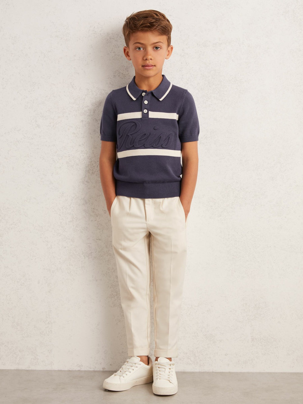 13-14 yrs Cotton Logo-Embossed Knit Polo Shirt in Indigo Blue/White