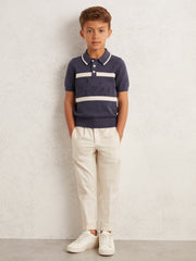 13-14 yrs Cotton Logo-Embossed Knit Polo Shirt in Indigo Blue/White