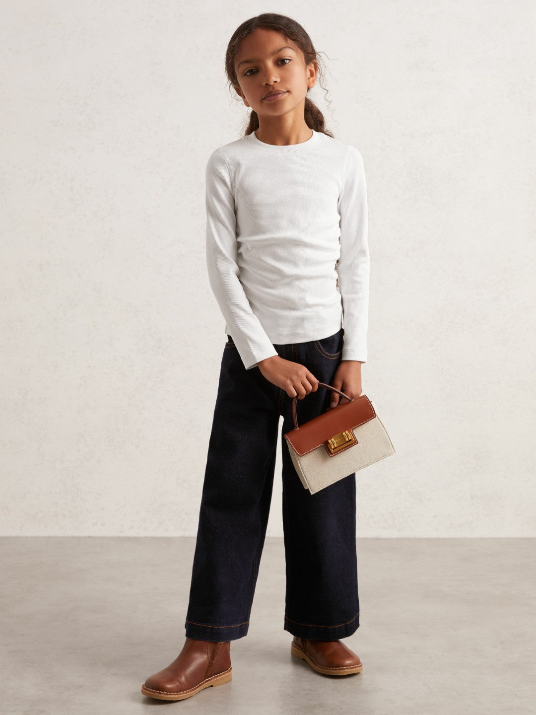 9-13 yrs Cotton Ruched Long-Sleeve T-Shirt with Stretch in Ivory