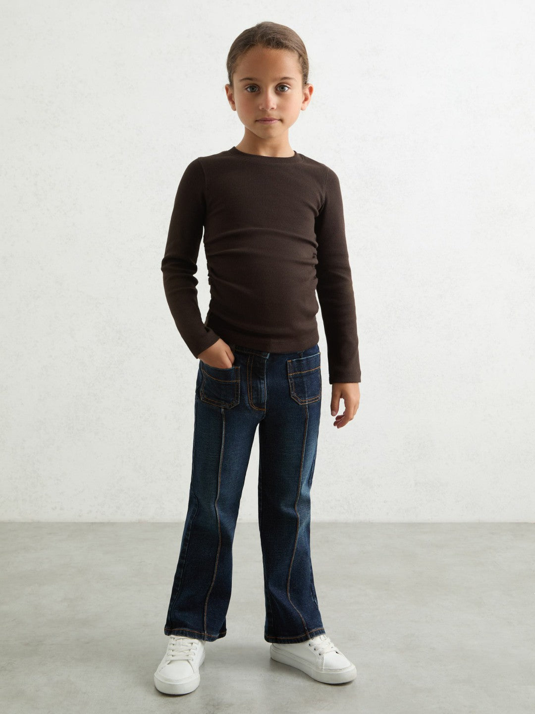 9-13 yrs Cotton Ruched Long-Sleeve T-Shirt with Stretch in Chocolate