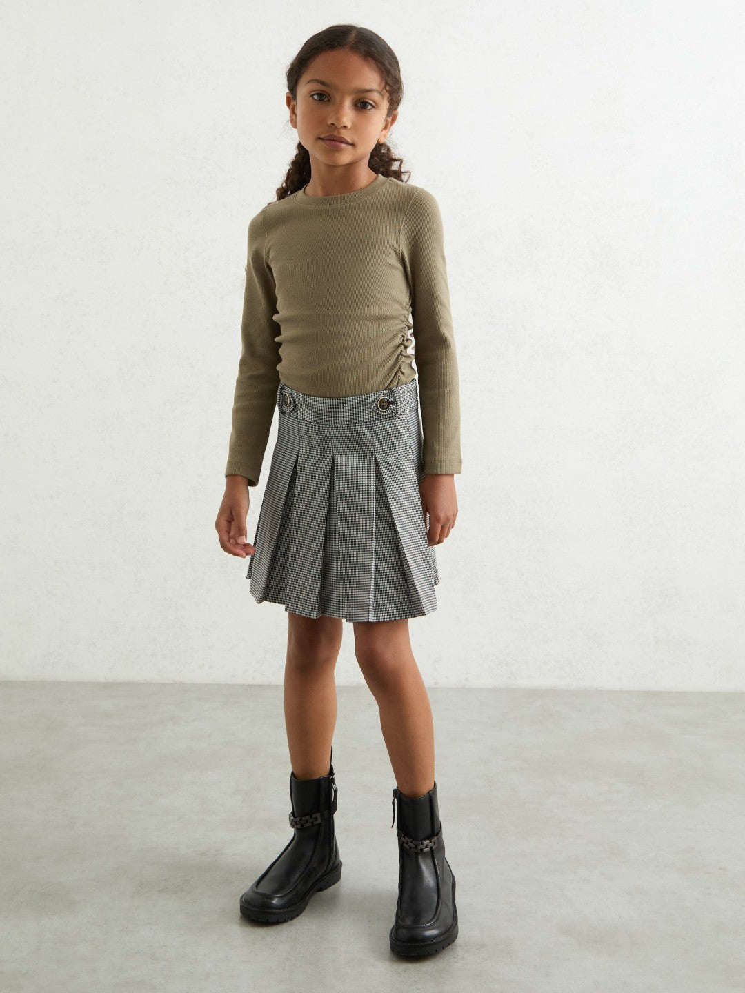 9-13 yrs Cotton Ruched Long-Sleeve T-Shirt with Stretch in Khaki