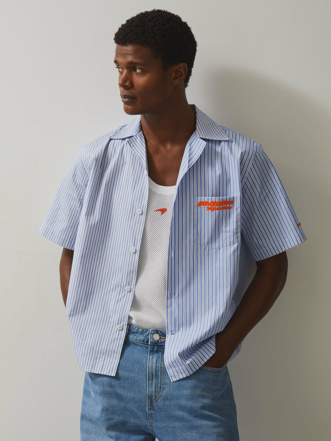 McLaren F1 Team Cuban Collar Striped Shirt in Soft Blue/White