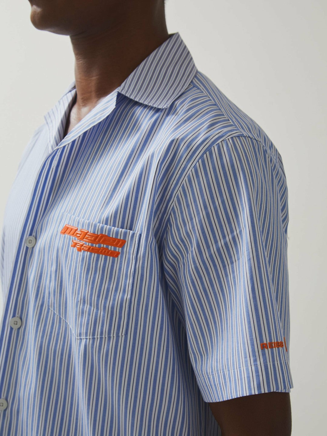 McLaren F1 Team Cuban Collar Striped Shirt in Soft Blue/White