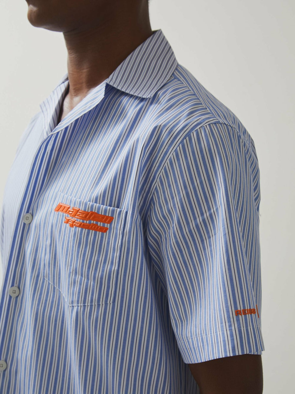 McLaren F1 Team Cuban Collar Striped Shirt in Soft Blue/White