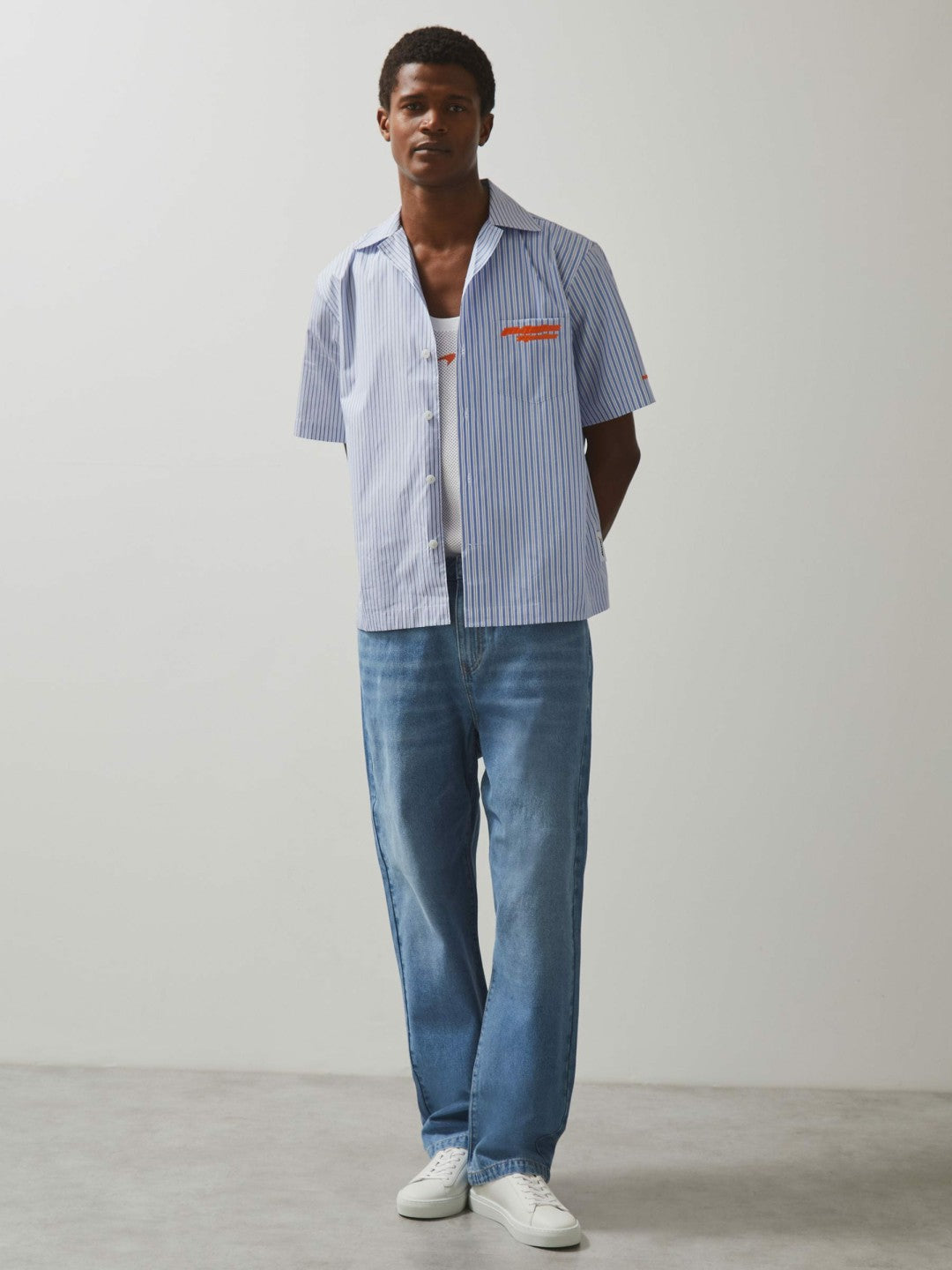 McLaren F1 Team Cuban Collar Striped Shirt in Soft Blue/White