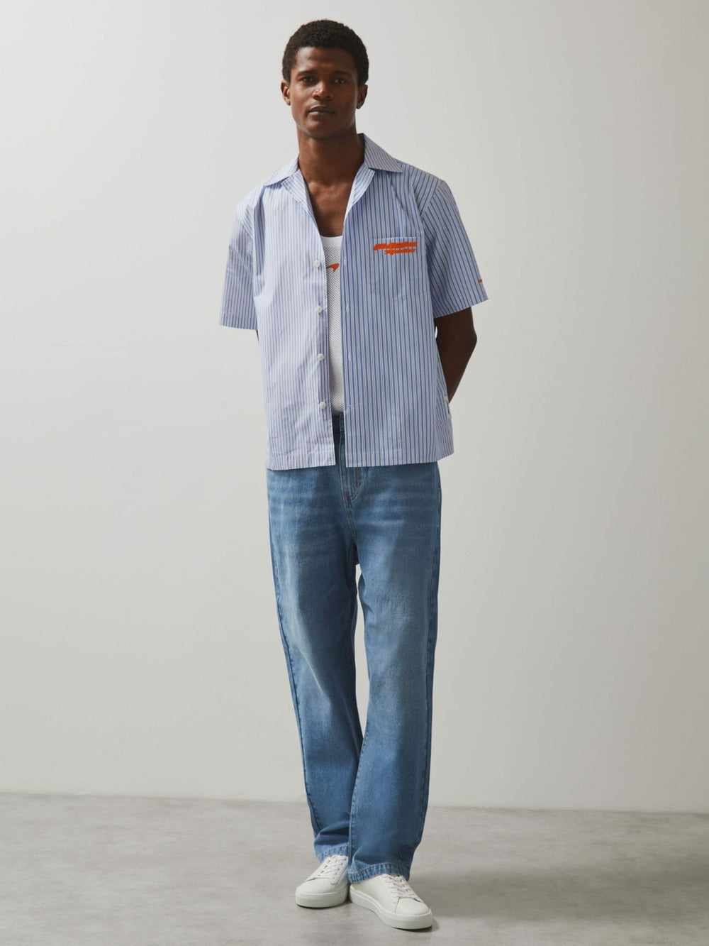 McLaren F1 Team Cuban Collar Striped Shirt in Soft Blue/White