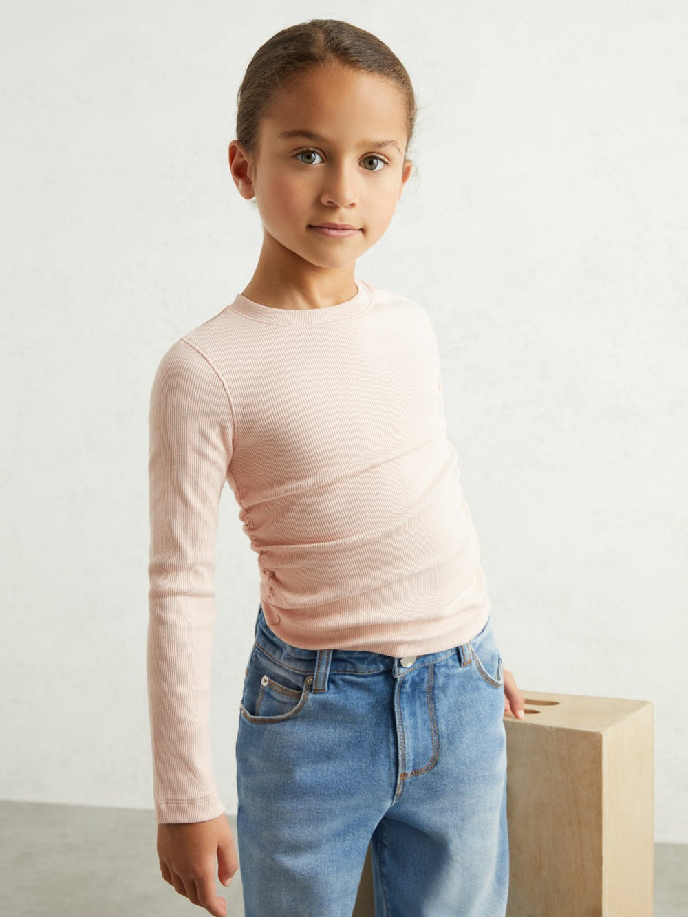 9-13 yrs Cotton Ruched Long-Sleeve T-Shirt with Stretch in Pale Pink