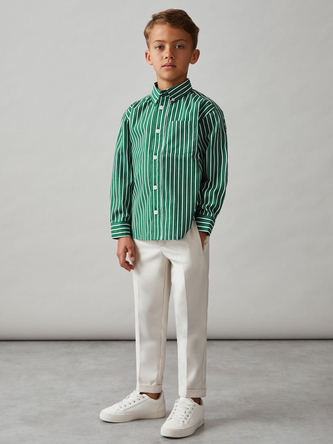 13-14 yrs Cotton-Poplin Striped Oversize Shirt in Green/White