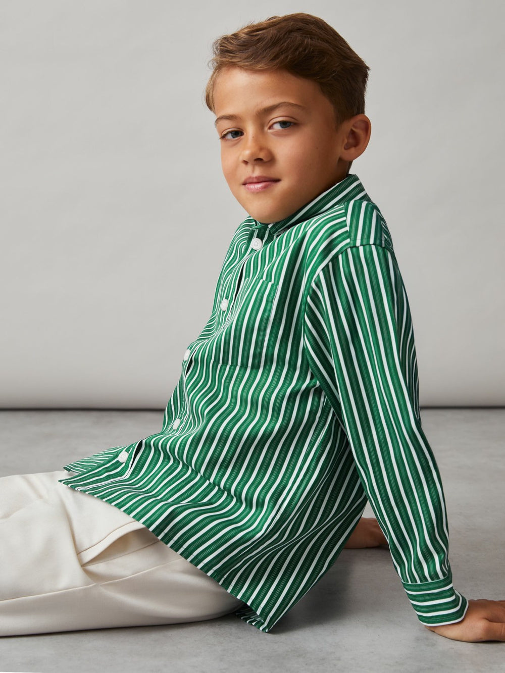 13-14 yrs Cotton-Poplin Striped Oversize Shirt in Green/White