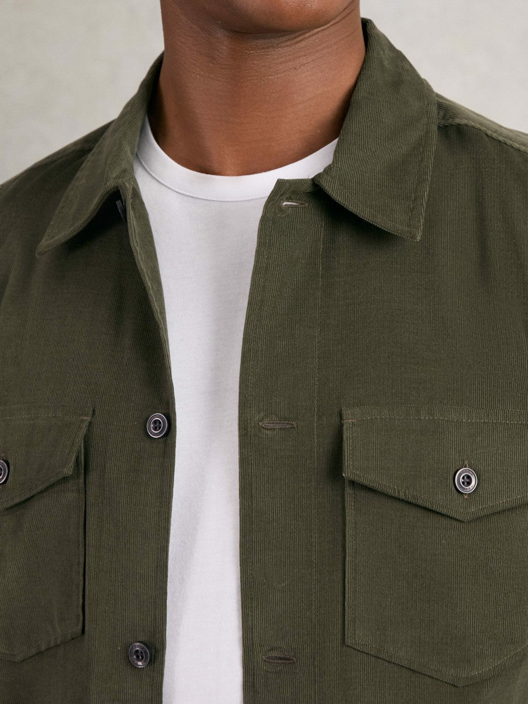 Cotton Corduroy Twin-Pocket Overshirt in Khaki Green