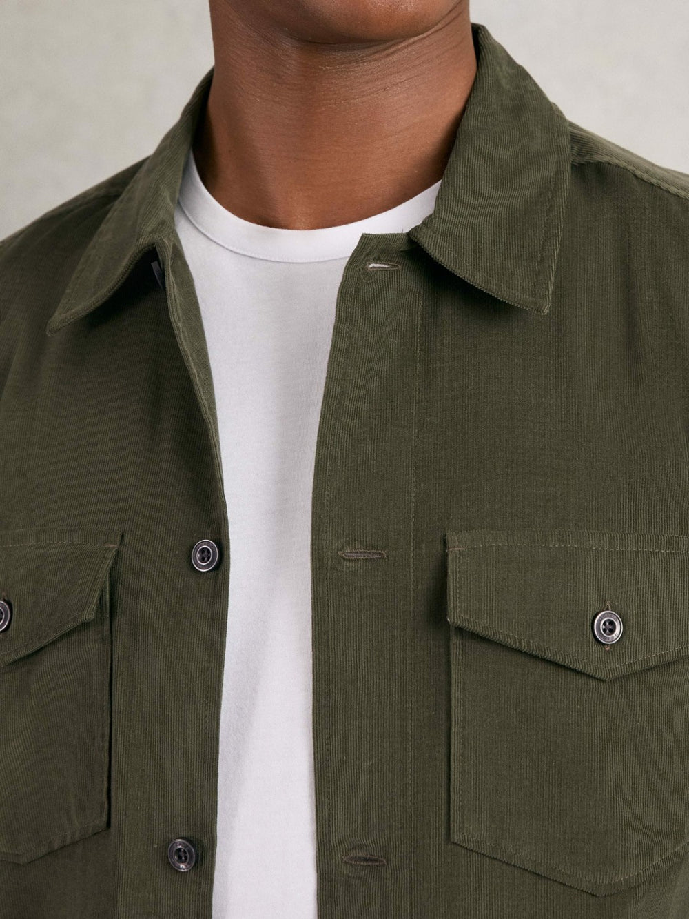 Cotton Corduroy Twin-Pocket Overshirt in Khaki Green