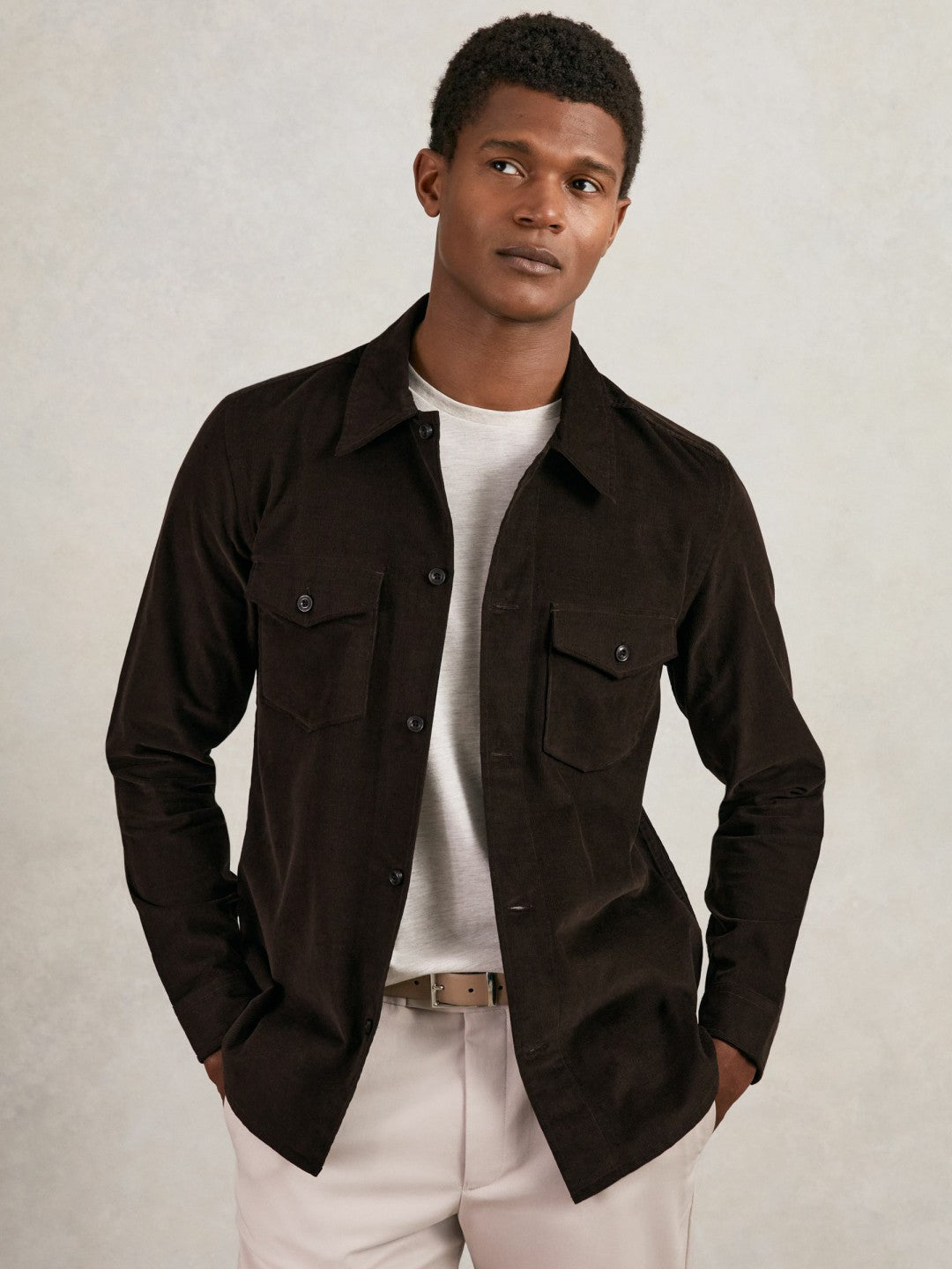 Cotton Corduroy Twin-Pocket Overshirt in Brown