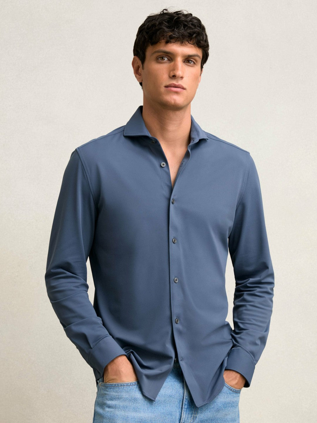 Stretch Jersey Cutaway-Collar Shirt in Dark Airforce Blue