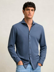 Stretch Jersey Cutaway-Collar Shirt in Dark Airforce Blue