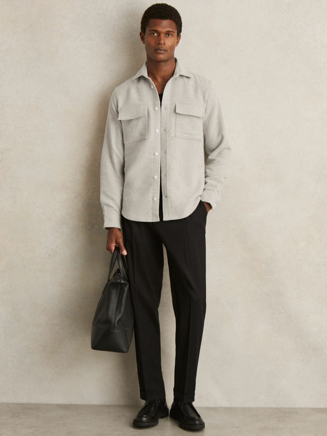 Moleskin-Cotton Twin-Pocket Overshirt in Soft Grey Melange