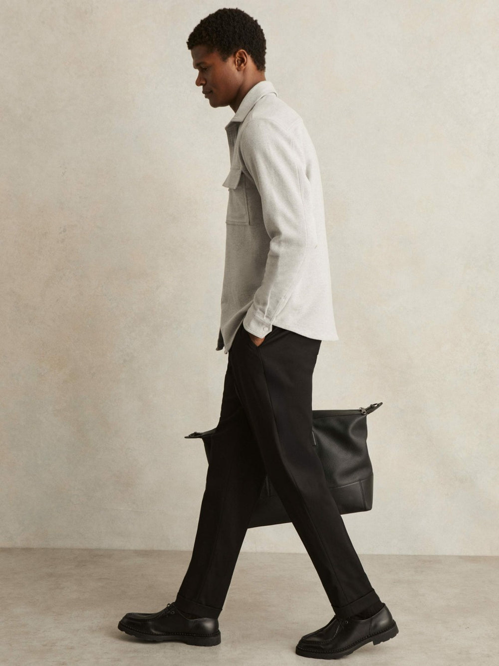 Moleskin-Cotton Twin-Pocket Overshirt in Soft Grey Melange