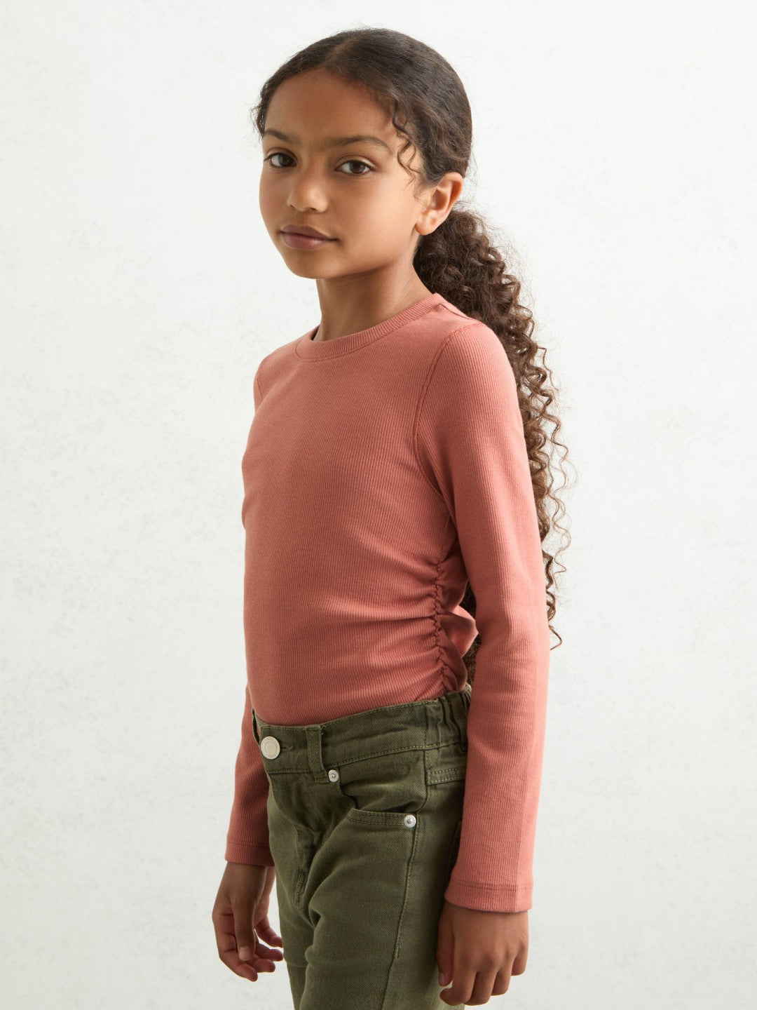 4-9 yrs Cotton Ruched Long-Sleeve T-Shirt with Stretch in Rose