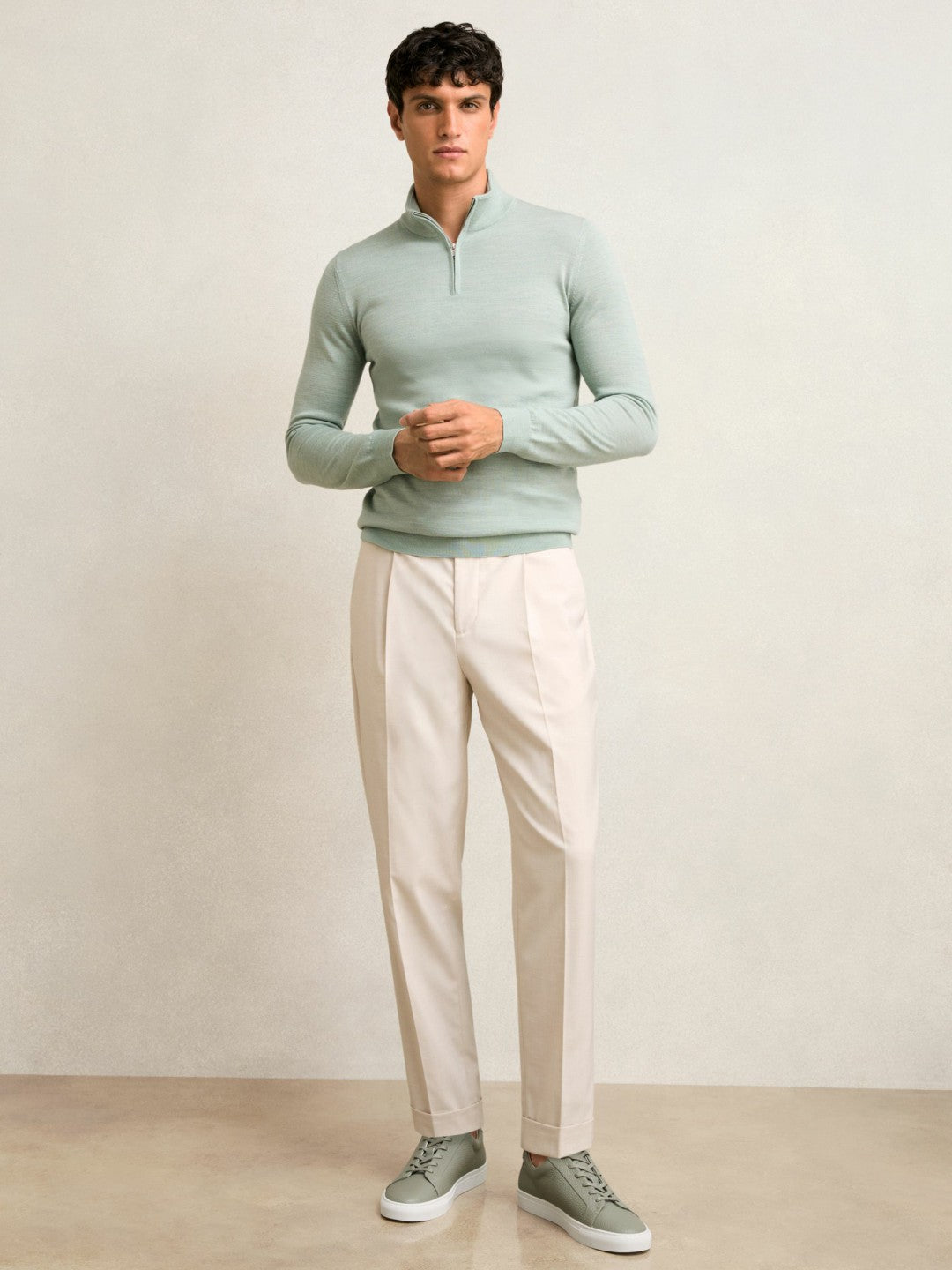 Merino Wool Half-Zip Jumper in Sage Green Melange