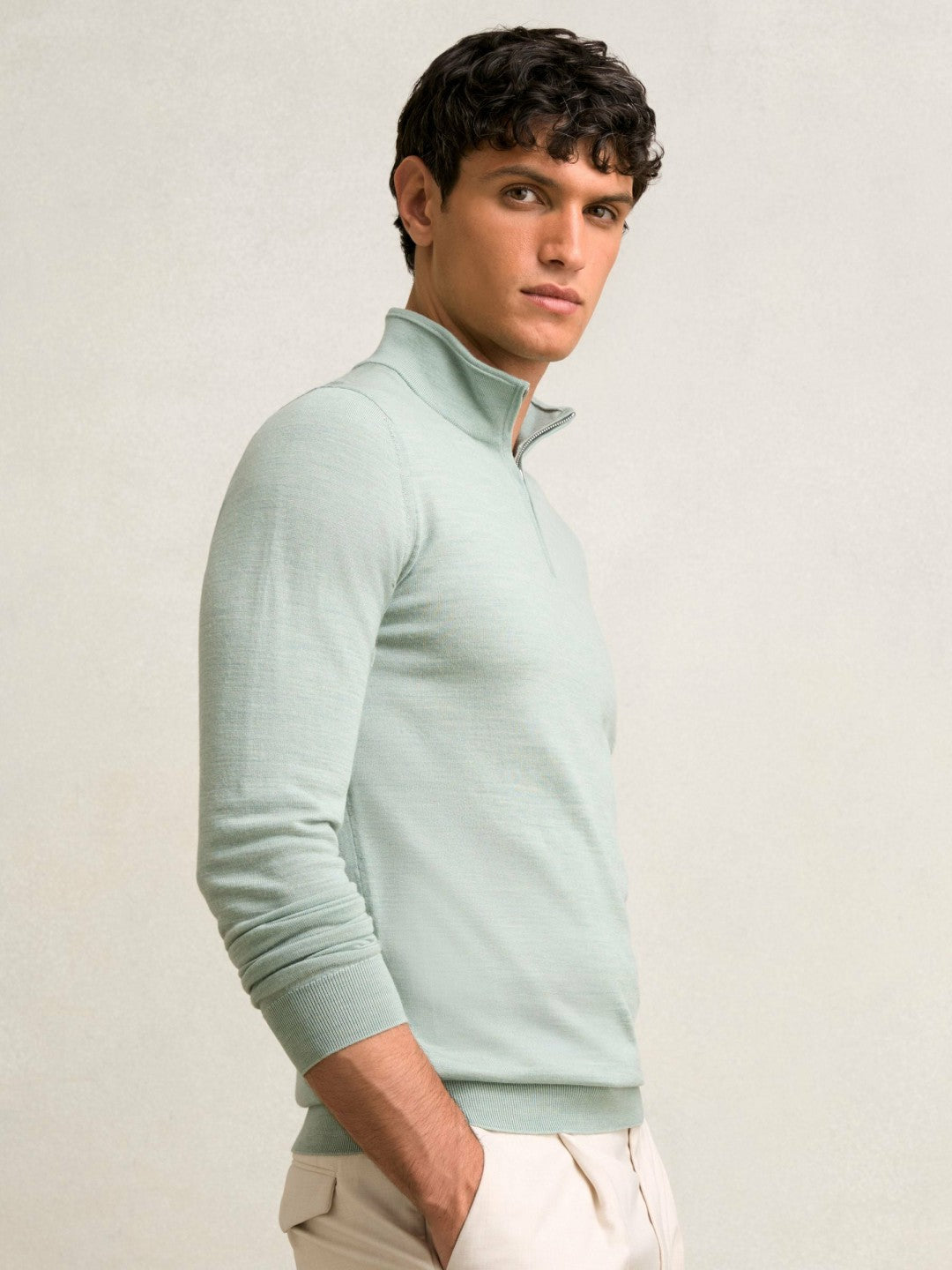 Merino Wool Half-Zip Jumper in Sage Green Melange
