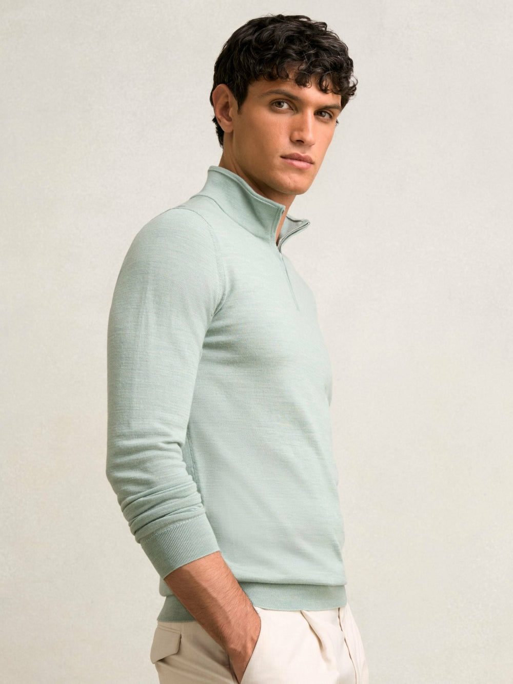 Merino Wool Half-Zip Jumper in Sage Green Melange