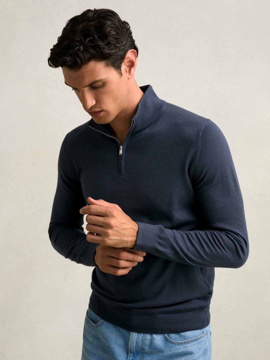 Merino Wool Half-Zip Jumper in Midnight Navy