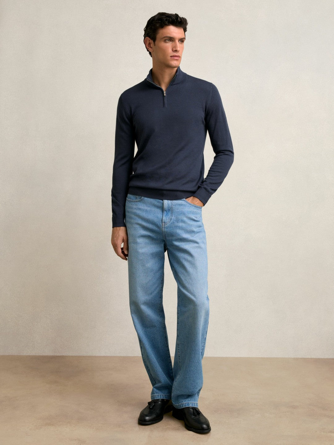 Merino Wool Half-Zip Jumper in Midnight Navy