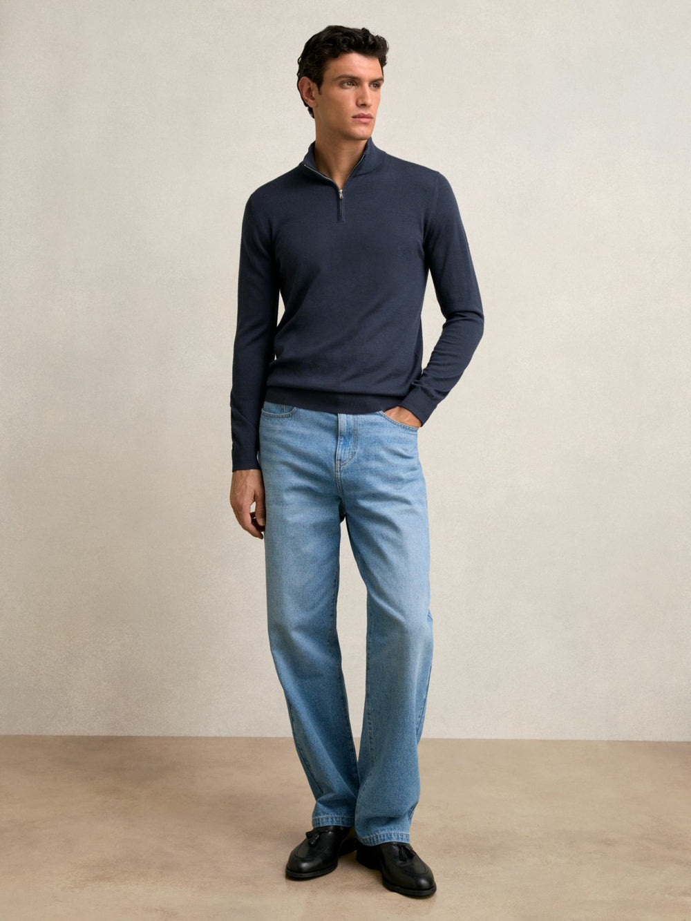 Merino Wool Half-Zip Jumper in Midnight Navy