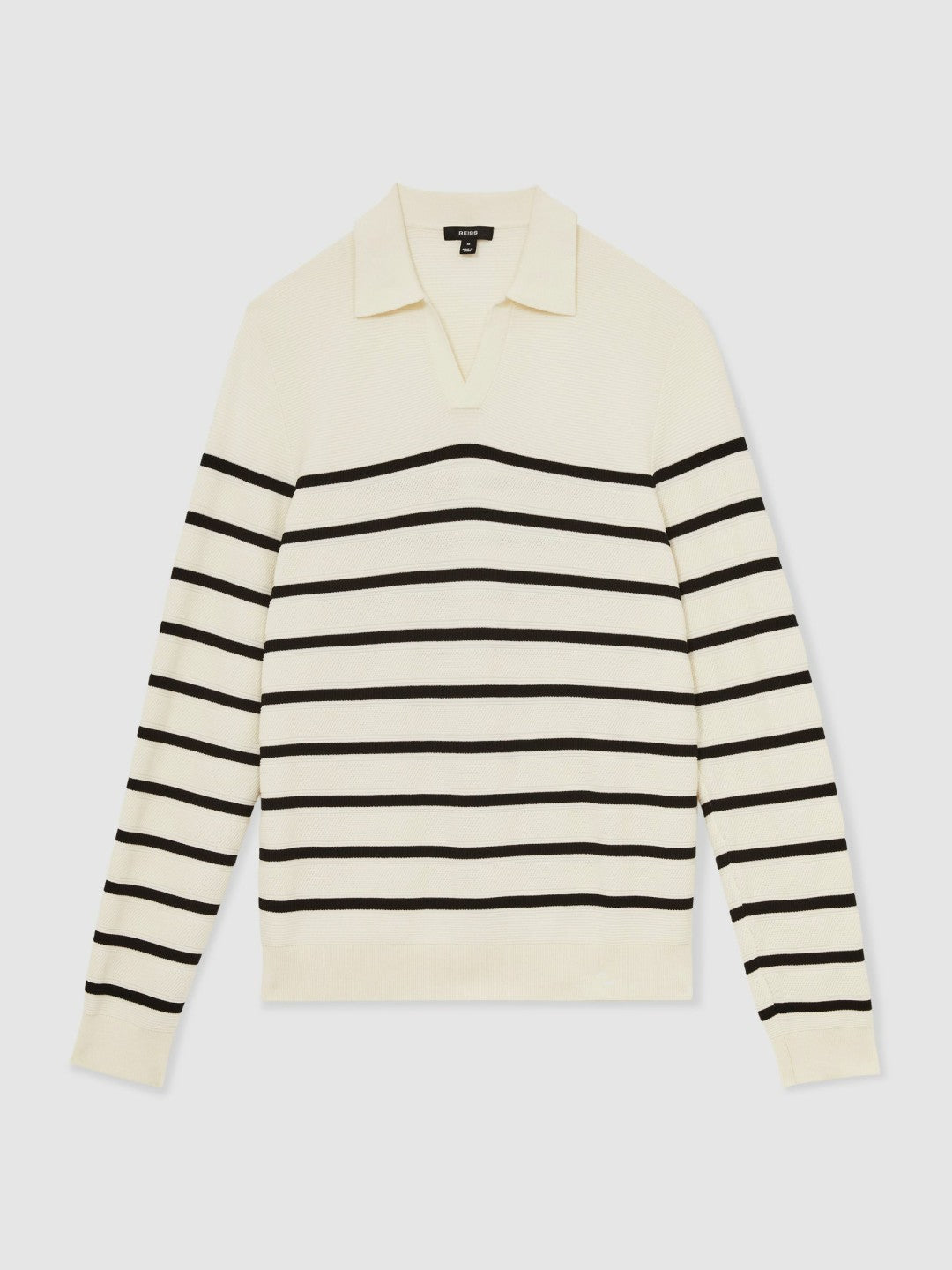 Cotton Blend Stripe Knit Polo Shirt in Warm Stone/Black
