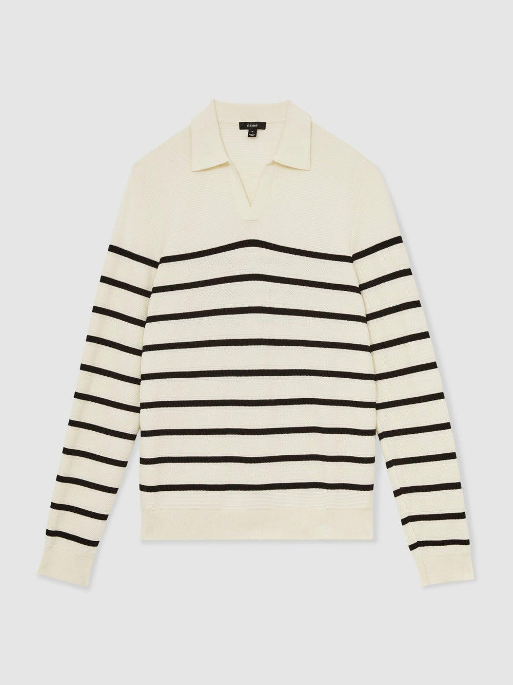 Cotton Blend Stripe Knit Polo Shirt in Warm Stone/Black
