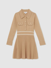 9-13 yrs Button-Detail Stripe Knitted Dress in Camel