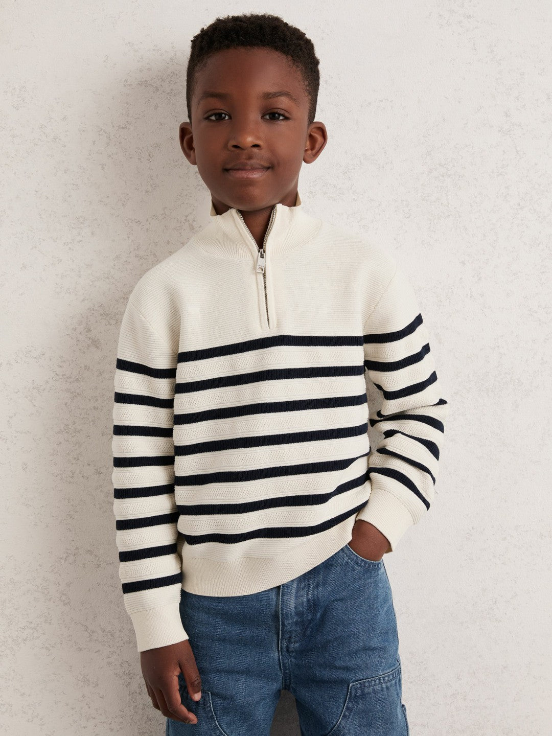 9-13 yrs Cotton-Blend Stripe Half-Zip Jumper in White
