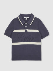 3-9 yrs Cotton Logo-Embossed Knit Polo Shirt in Indigo Blue/White