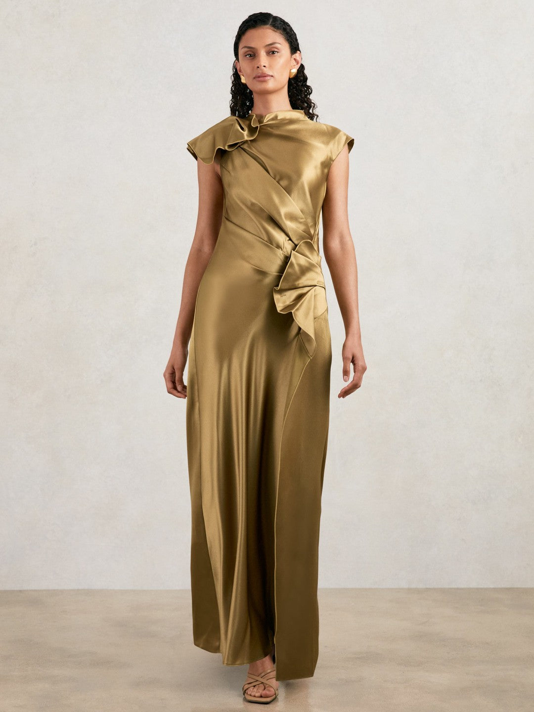 Acler Draped Satin Midi Dress in Gold Moss