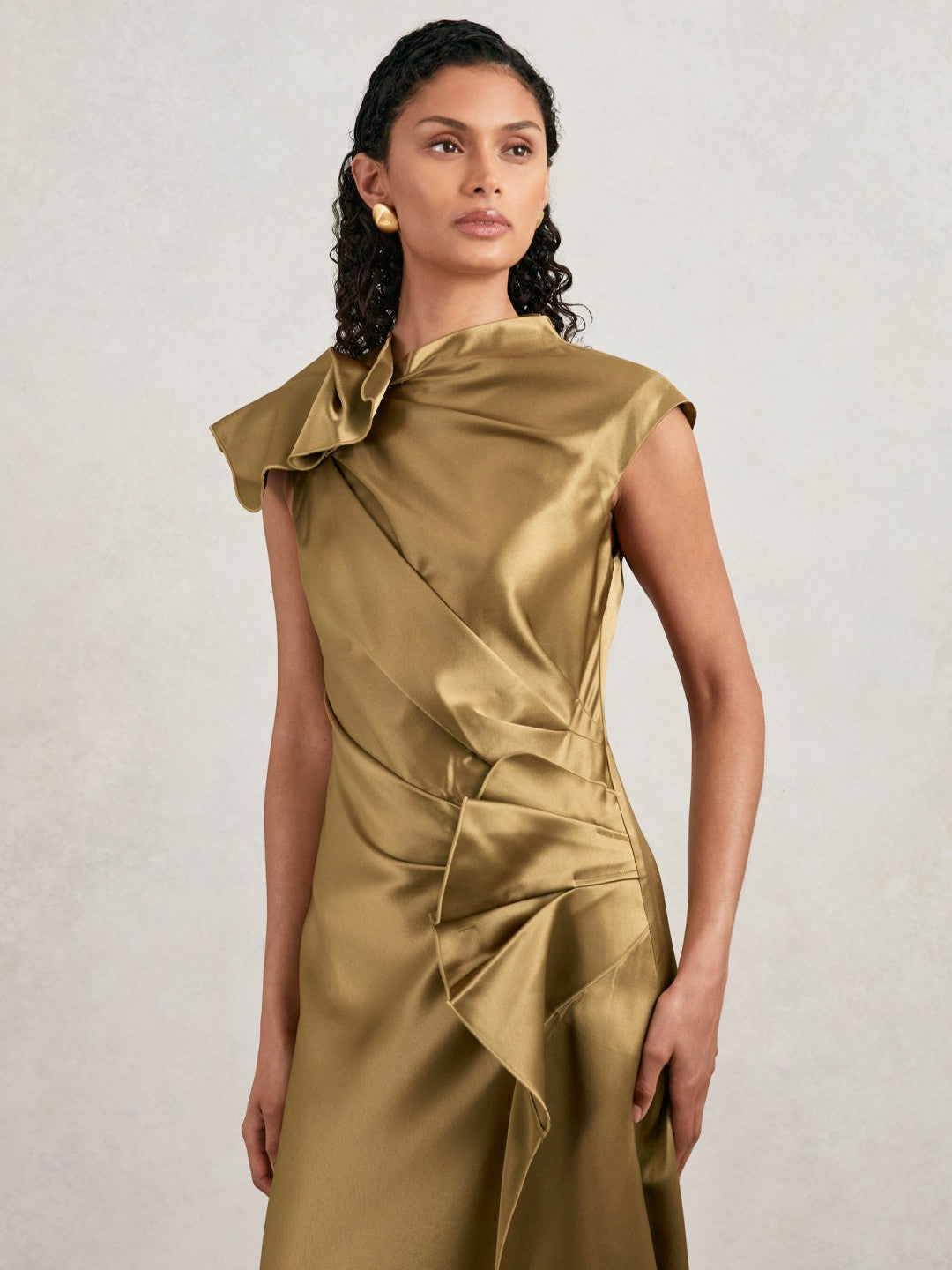 Acler Draped Satin Midi Dress in Gold Moss