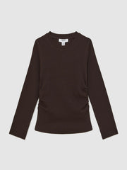 13-14 yrs Cotton Ruched Long-Sleeve T-Shirt with Stretch in Chocolate