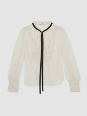 Lace-Embroidered Tie-Neck Shirt in Cream