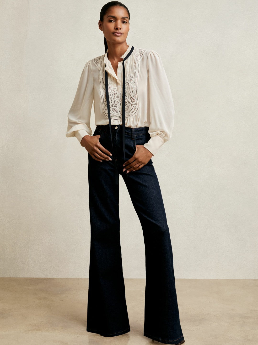 Lace-Embroidered Tie-Neck Shirt in Cream