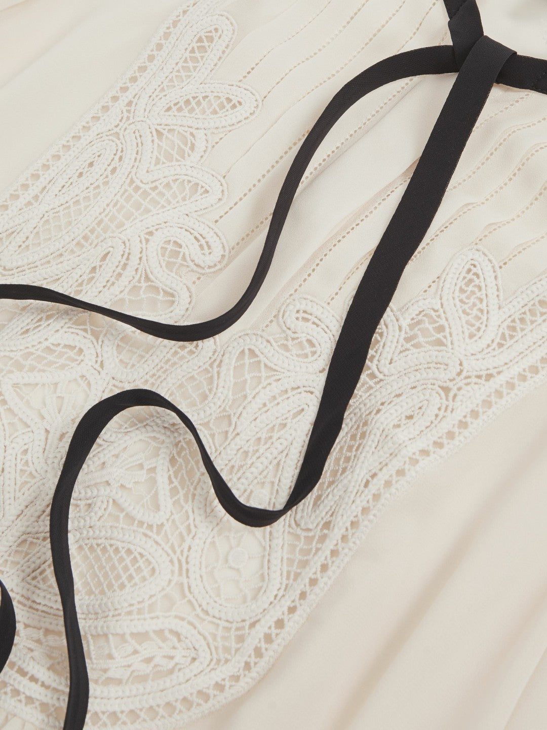 Lace-Embroidered Tie-Neck Shirt in Cream