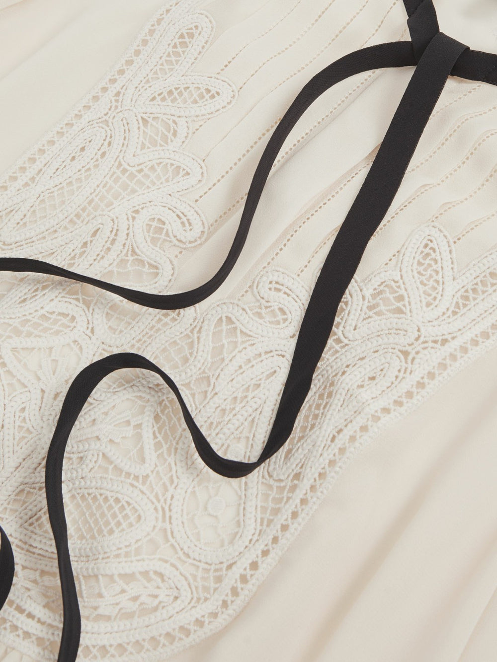 Lace-Embroidered Tie-Neck Shirt in Cream