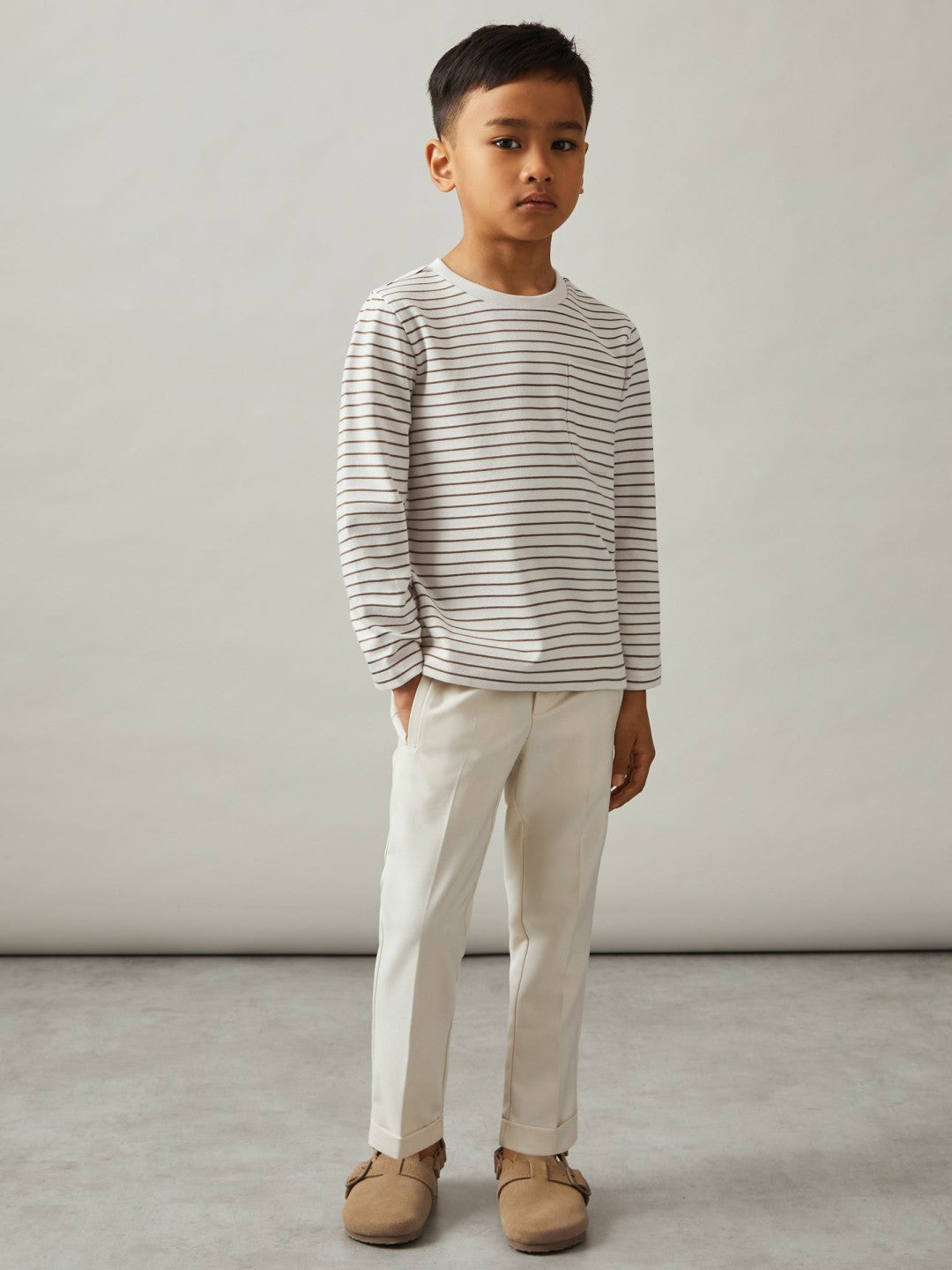 13-14 yrs Stretch-Cotton Stripe T-Shirt in Off White/Camel