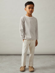 13-14 yrs Stretch-Cotton Stripe T-Shirt in Off White/Camel