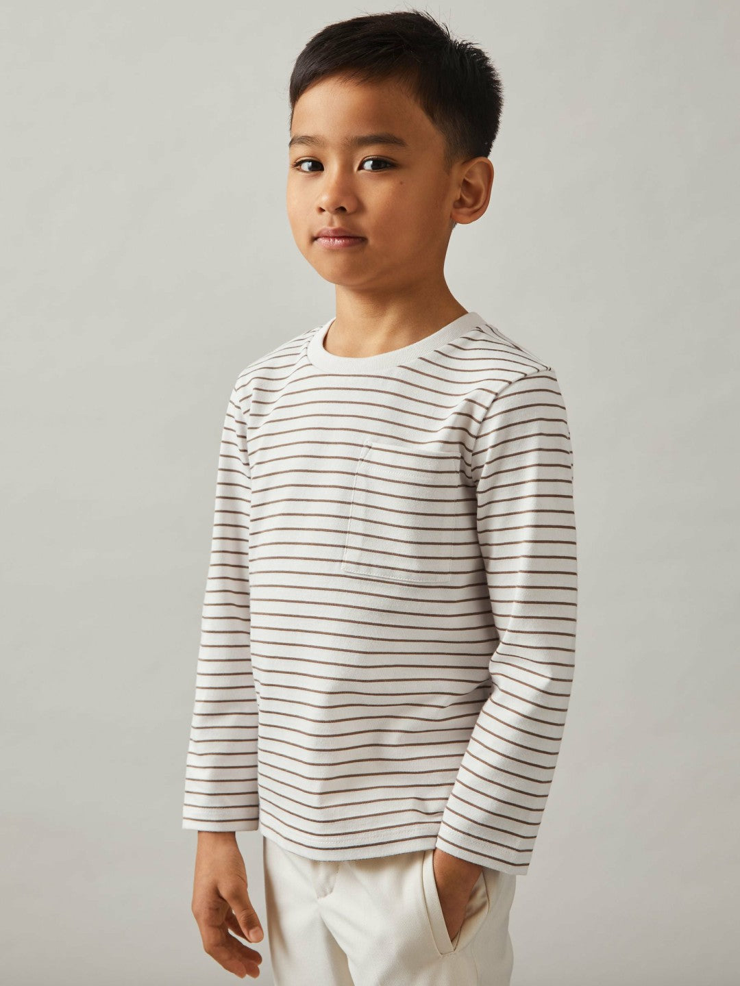 13-14 yrs Stretch-Cotton Stripe T-Shirt in Off White/Camel