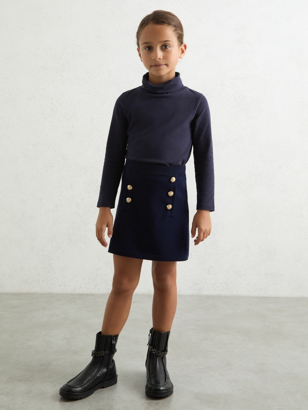 13-14 yrs Cotton-Jersey Roll-Neck Top with Stretch in Navy