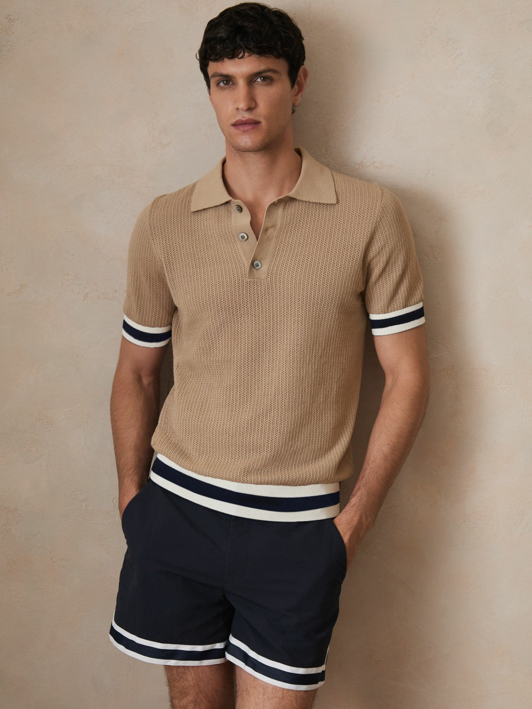 | Ché Cotton Knit Polo Shirt in Camel Brown