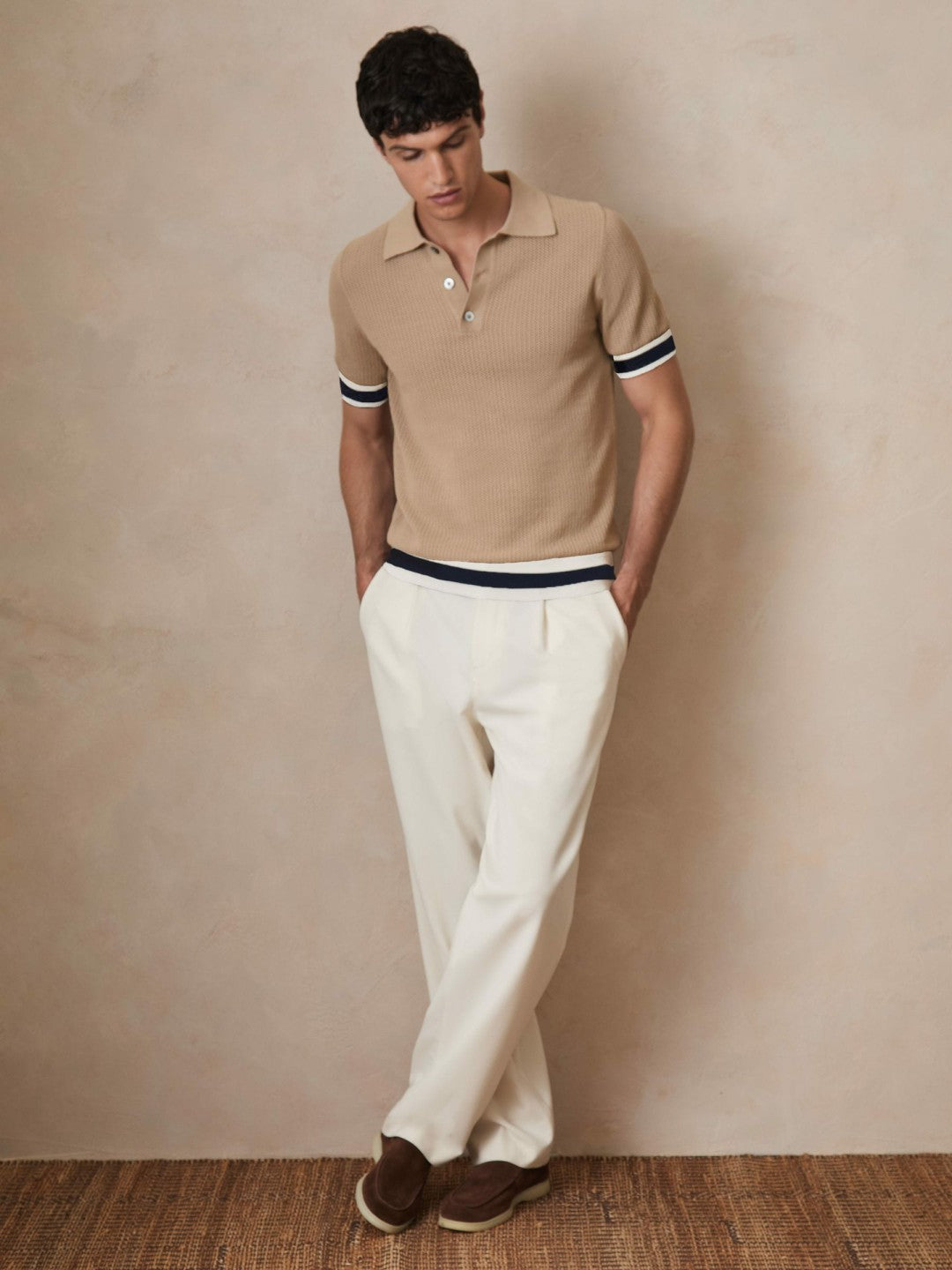 | Ché Cotton Knit Polo Shirt in Camel Brown