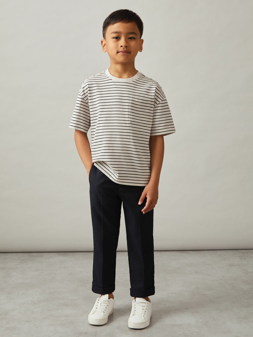 13-14 yrs Cotton-Blend Stripe T-Shirt in White/Navy