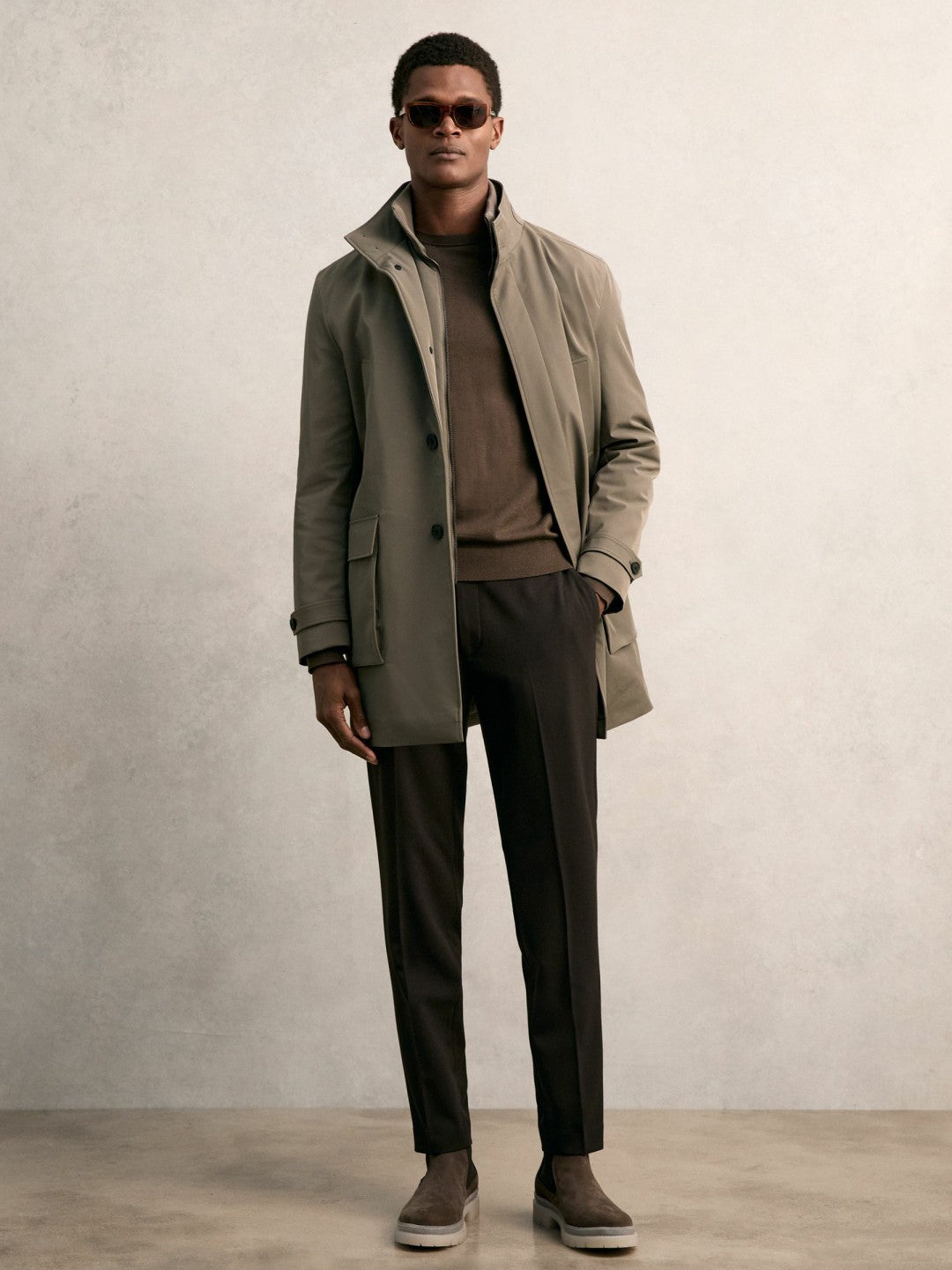Hybrid Removable-Gilet Overcoat in Mushroom Brown