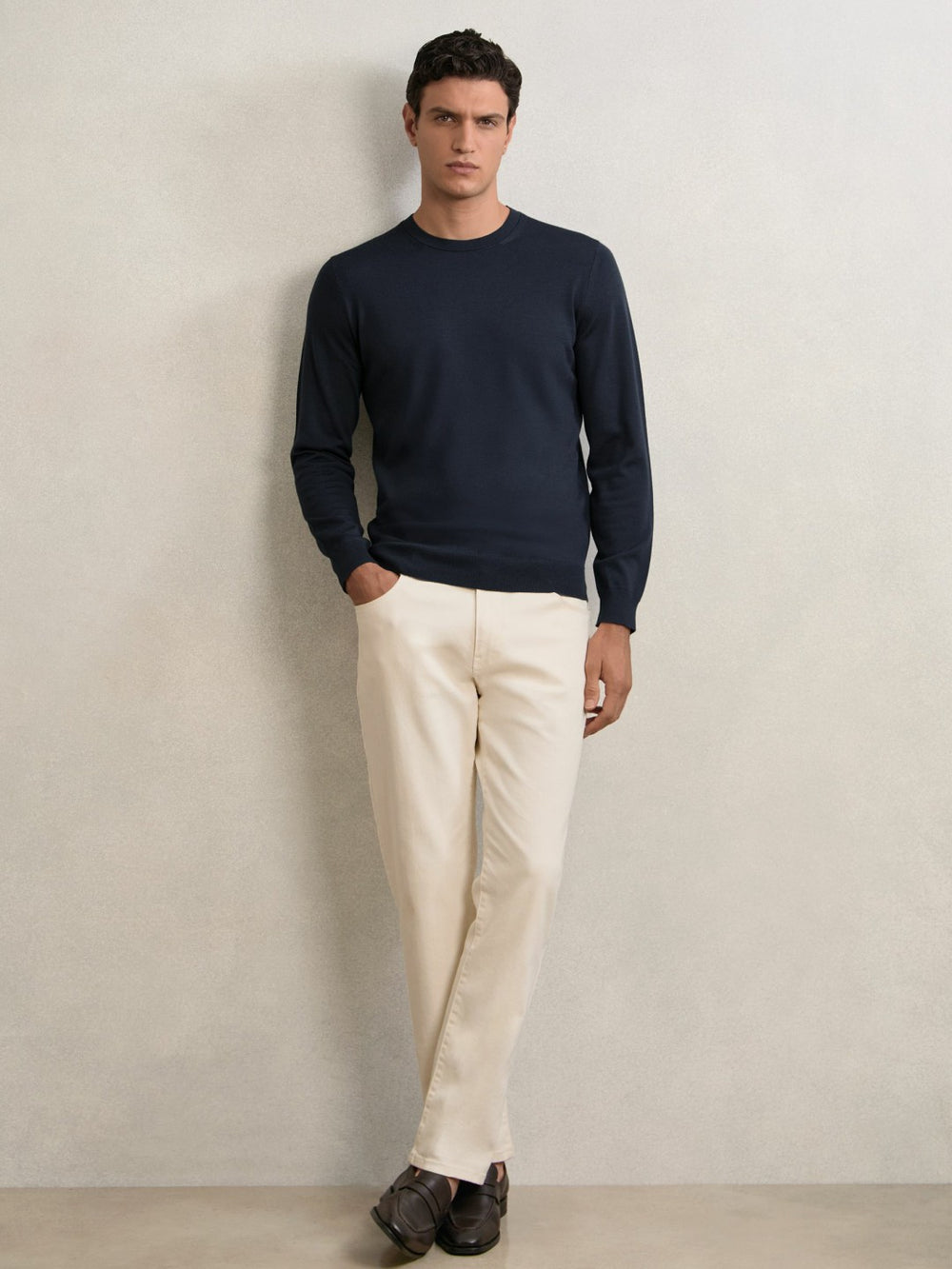 Merino Wool Crew Neck Jumper in Midnight Navy