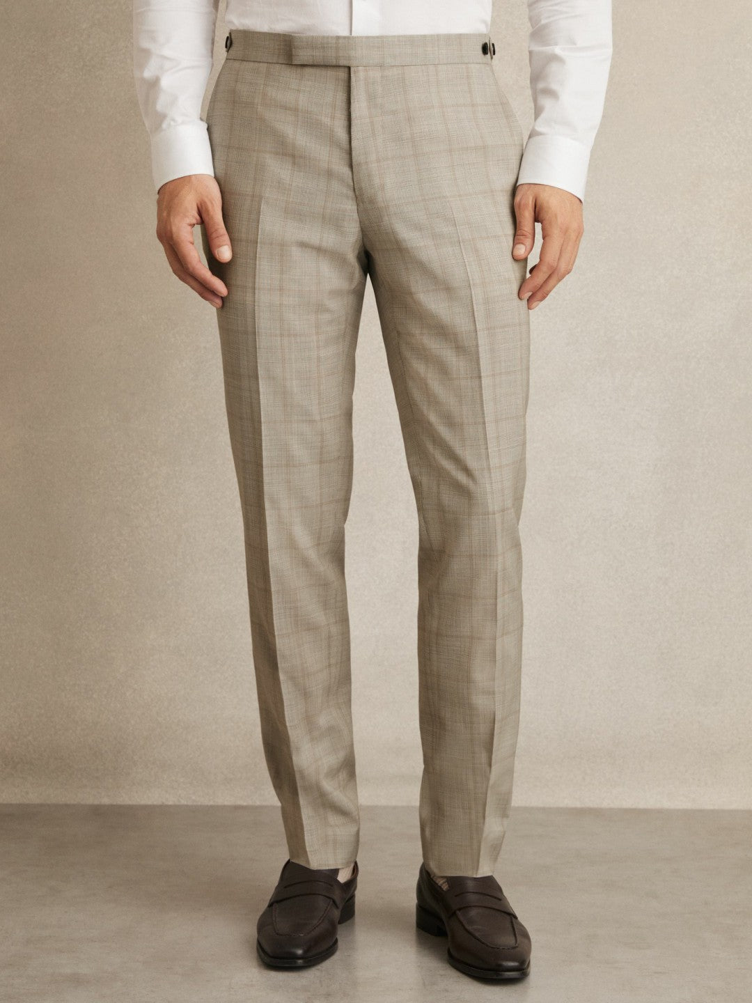 Slim-Fit Wool Check Suit Trousers in Oatmeal Brown
